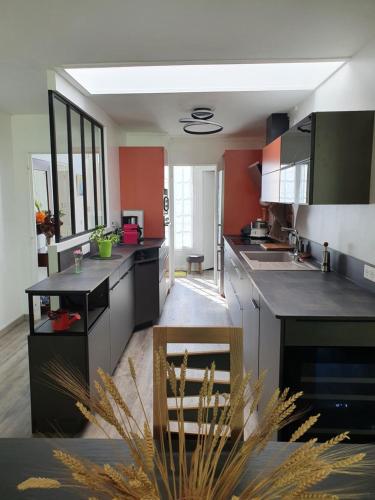 une cuisine avec des armoires noires et des murs rouges dans l'établissement Maison de plain pied proche JO 2024, à Élancourt