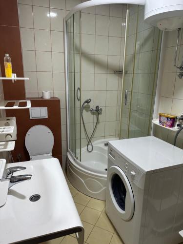 a bathroom with a shower and a washing machine at Villa Solis in Sarajevo