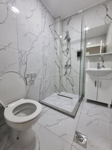 a white bathroom with a toilet and a shower at City Square Apartments in Plav