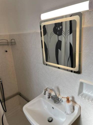 a bathroom with a sink and a mirror above it at Apartment of Zeus III-Leptokarya in Leptokaria