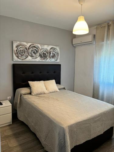 ein Schlafzimmer mit einem Bett und einem Gemälde an der Wand in der Unterkunft Apartamento Valdés in El Puerto de Santa María