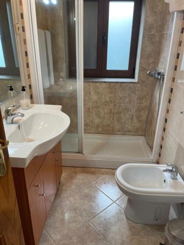 a bathroom with a shower and a sink and a toilet at Casa Dina Doceira in Geres