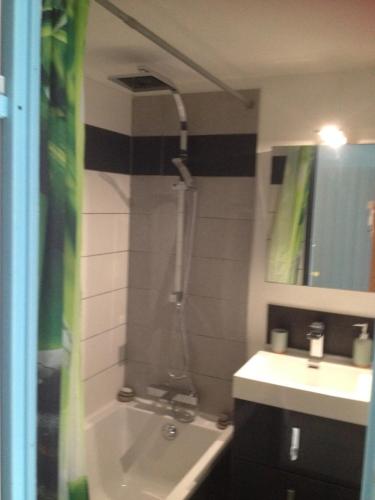 une salle de bain avec une douche, une baignoire et un lavabo dans l'établissement Location saisonnière Appartement 2 chambres à Palavas les flots, à Palavas-les-Flots