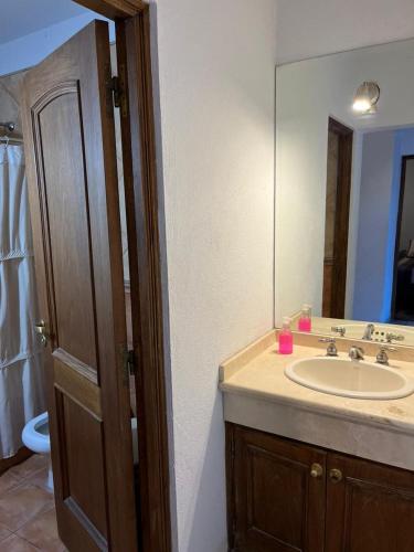 a bathroom with a sink and a mirror at La casita en el parque in Chacras de Coria