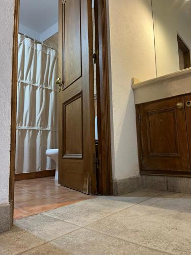 a bathroom with a toilet and a wooden door at La casita en el parque in Chacras de Coria