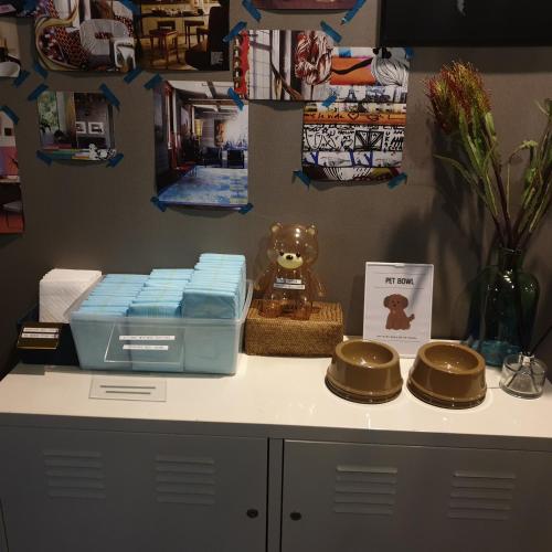 a counter with boxes on top of a table at Gout Stay in Daegu