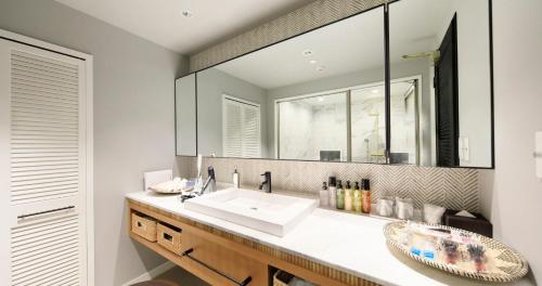 a bathroom with a sink and a large mirror at Villa the Club Karuizawa in Naganohara