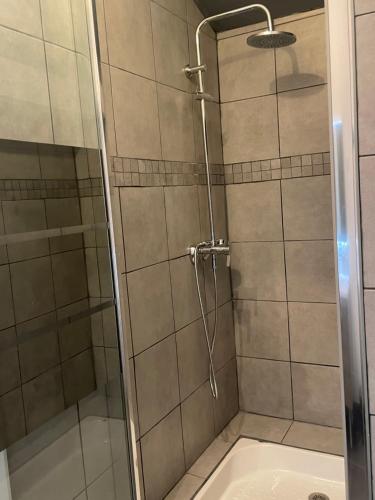 a shower with a glass door in a bathroom at Ferme Gite Equestre En Charente in Confolens