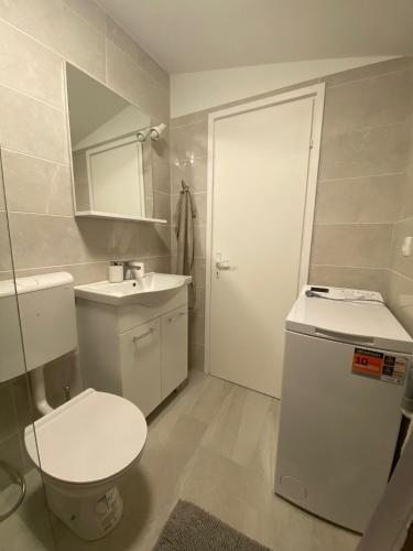 a white bathroom with a toilet and a sink at Apartmani Gršćica 2 in Blato