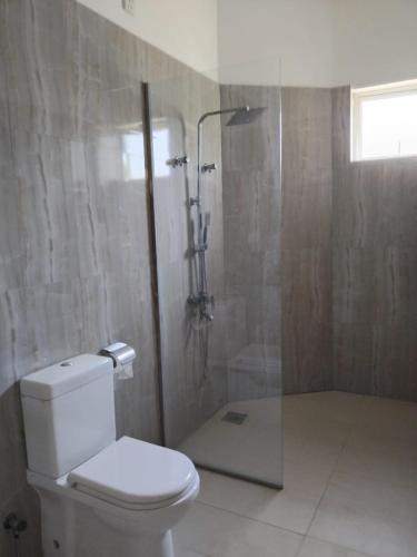 a bathroom with a toilet and a shower with a glass door at Esha Beach Resort Rooms in Trincomalee