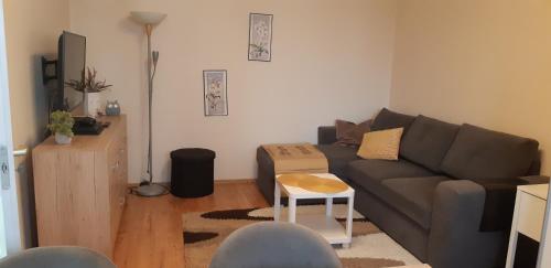 a living room with a couch and a table at Etele Apartman in Budapest