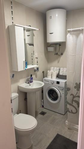 a bathroom with a toilet sink and a washing machine at Apartments Uki in Herceg-Novi