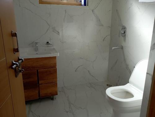 a bathroom with a white toilet and a sink at Julley Ladakh Homestay & Hostel in Leh