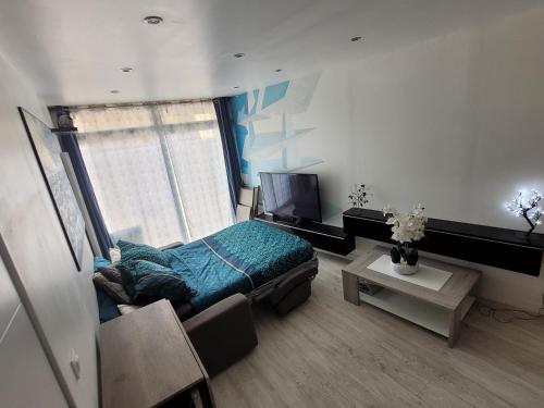 une chambre avec un lit et une télévision dans l'établissement Studio F1 tout confort centre ville, à Beaumont-sur-Oise