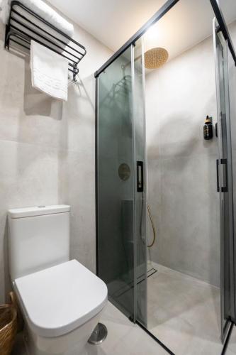 a bathroom with a toilet and a shower at La morada de Rosafina in Frigiliana