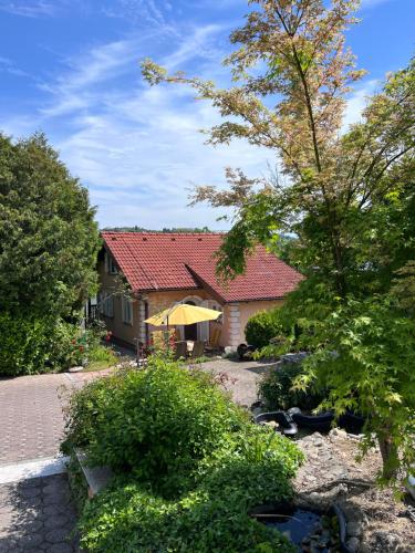 a house with a red roof and some bushes at House Laganini Grill & Relax in Sveti Križ