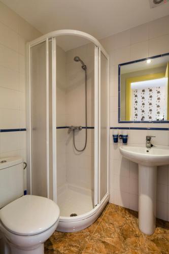 a bathroom with a shower and a toilet and a sink at Hotel Rural Somiedo in Valle de Lago