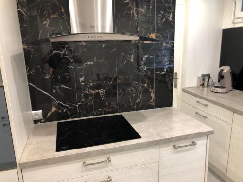 - une cuisine avec un comptoir en marbre noir dans l'établissement La Sapiniere, à Annecy