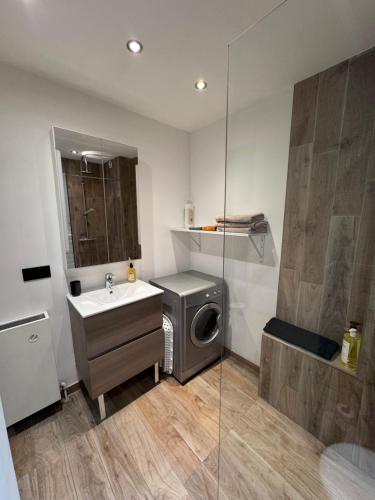 une salle de bain avec un lavabo et une machine à laver dans l'établissement Appartement avec jardin, à Mandelieu-la-Napoule