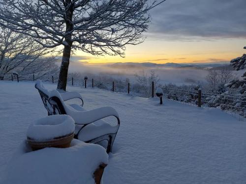 two benches covered in snow in a snowy field at BnB Bagno di Bosco in Gubbio