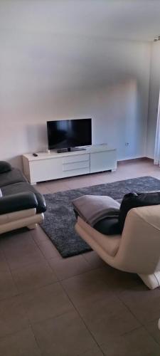un salon avec une télévision à écran plat et un canapé dans l'établissement Spacieux Appartement 90m2,résidence récente proximité stade Vélodrome et plage, à Marseille