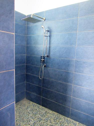 a blue tiled shower with a shower head at Barracuda House in Diani Beach