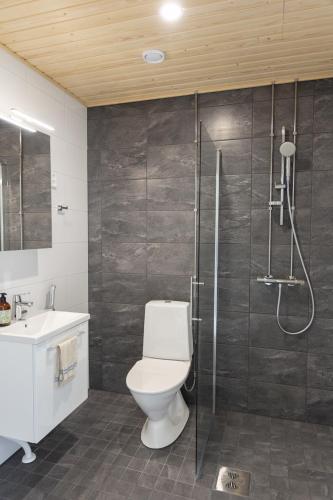 a bathroom with a toilet and a shower and a sink at Framnäs Suites in Kirkkonummi