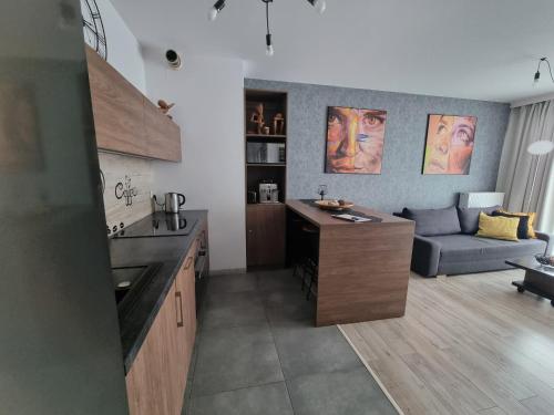 a kitchen and living room with a couch at Q Apart Meta -1, 2 lub 3-pokojowe, klimatyzowane apartamenty przy Manufakturze z garażem lub parkingiem Gratis, FV in Łódź
