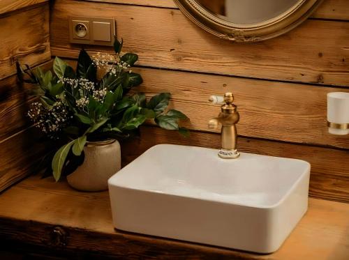 a white sink in a bathroom with a mirror at Willa u Steni in Gliczarów