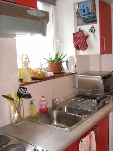 une cuisine avec un évier en acier inoxydable et une fenêtre dans l'établissement Appartement de vacances pour 3 personnes Anglet plages à pieds, à Anglet