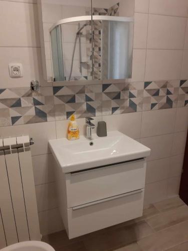 a bathroom with a white sink and a mirror at Apartman Neda in Sveti Ivan Dobrinjski