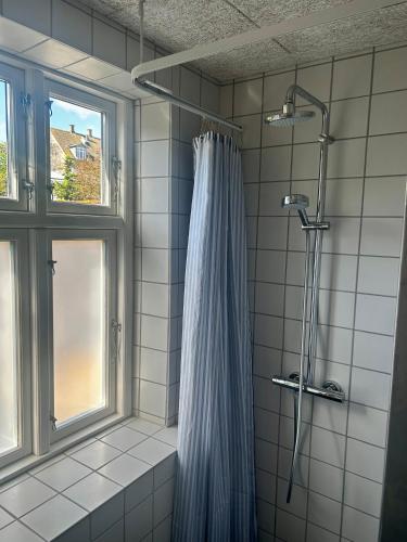 a bathroom with a shower curtain and a window at Ole Rømers Gade 108 in Aarhus