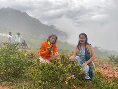 two women sitting on a hill with flowers at Pù Luông Sala Homestay in Hương Bá Thước