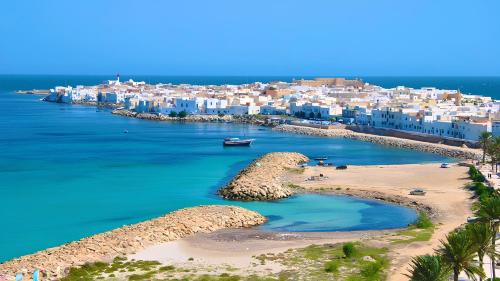an aerial view of a beach with white buildings at DAR EL HAMRA in Mahdia
