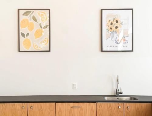 two framed pictures on a kitchen wall with a sink at Cozy and Bright Apartments with Private Car Park in Copenhagen