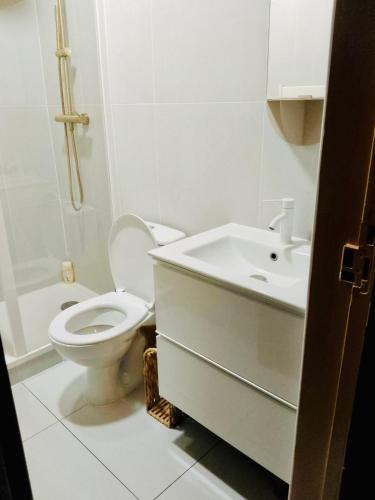 une salle de bain blanche avec des toilettes et un lavabo dans l'établissement L'atelier du château, à Versailles