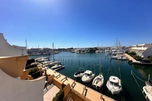 un groupe de bateaux amarrés dans un port dans l'établissement Le Plaisancier - Appartement Terrasse Vue sur le Port de Plaisance parking, au Grau-du-Roi