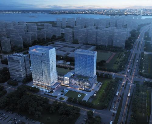 an overhead view of two tall buildings in a city at Holiday Inn Express Suzhou East Taihu by IHG in Suzhou