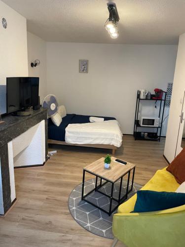 un petit salon avec un lit et une table dans l'établissement Cocon de Zoé, à Nancy