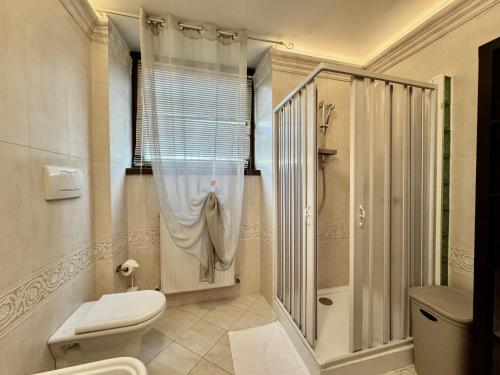 a white bathroom with a toilet and a shower at 1Dest - La Corte in Riva del Garda