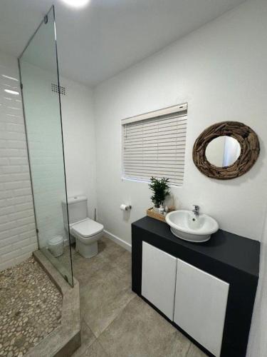 a bathroom with a sink and a toilet and a mirror at Summer Sunset Villa in Umdloti