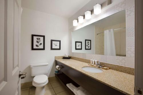a bathroom with a sink and a toilet and a mirror at Country Inn & Suites by Radisson, Marion, IL in Marion