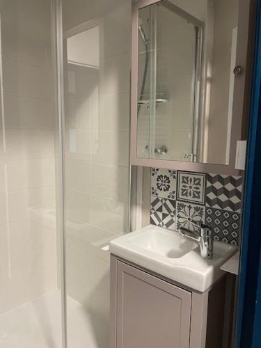 une salle de bain blanche avec un lavabo et une douche dans l'établissement La Léonce, superbe appartement plein centre, à Armentières