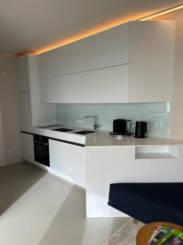a white kitchen with a sink and a stove at Seeblick Appartements Henle in Bregenz