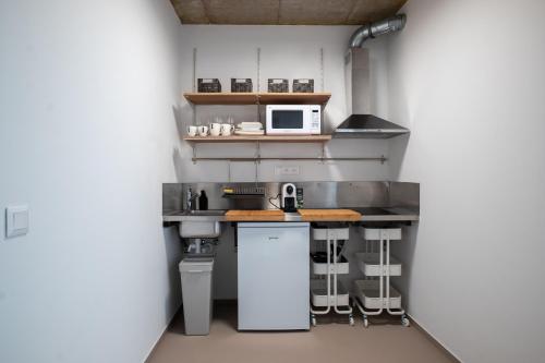 a small kitchen with a counter and a microwave at Apartmány Gočárova třída in Hradec Králové