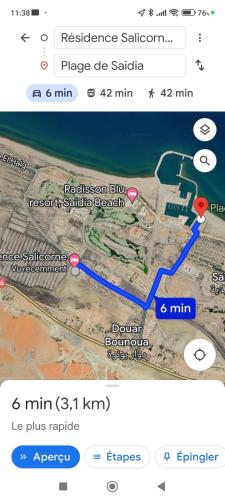 a screenshot of a map with a map of a road at Salicorne Saidia avec piscine in Saidia 