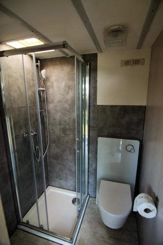 a bathroom with a glass shower and a toilet at Bungalow Sun am See in Zirkow