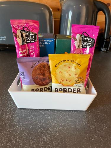 a box of food sitting on top of a counter at Glenview Lodge in Portree