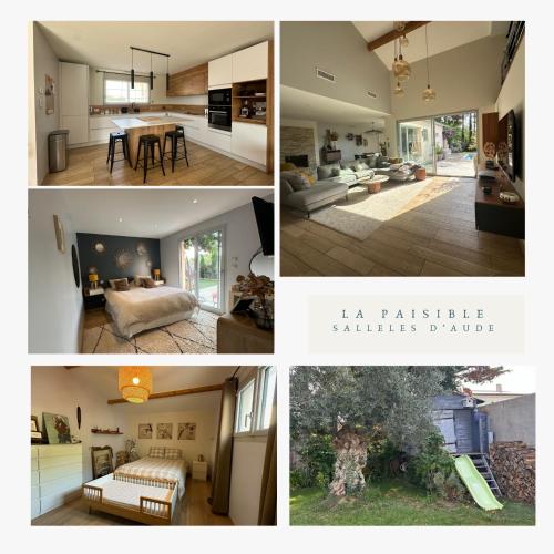 un collage de photos d'une cuisine et d'un salon dans l'établissement Maison paisible toute équipée, piscine chauffée, à Sallèles-dʼAude