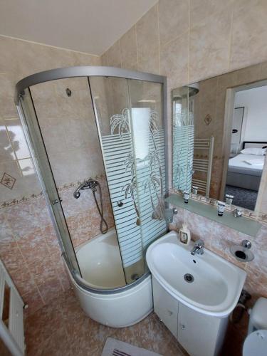 a bathroom with a shower and a toilet and a sink at Casa Jolie in Constanţa